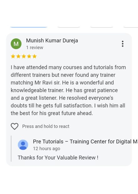 Google review by Munish Kumar Dureja for Pre Tutorials - 5 stars
