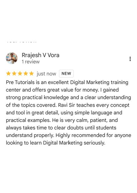 Google review by Rrajesh V Vora for Pre Tutorials - 5 stars