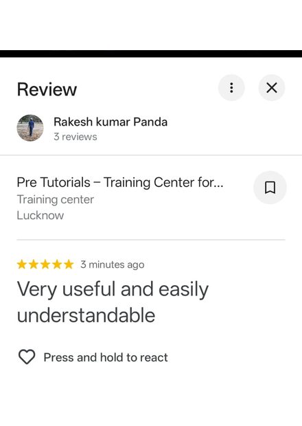Google review by Rakesh Kumar Panda for Pre Tutorials - 5 stars